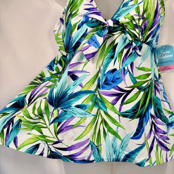 Swim Solutions Blue Palms Printed V-Neck Tankini Swimsuit Trapeze Top Size 12 - Picture 8 of 9